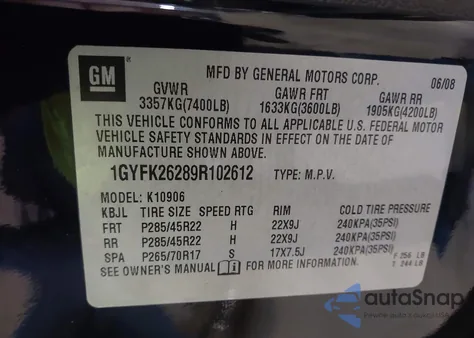 2009 Cadillac Escalade Esv Standard из США, поврежденный, VIN 1GYFK26289R102612